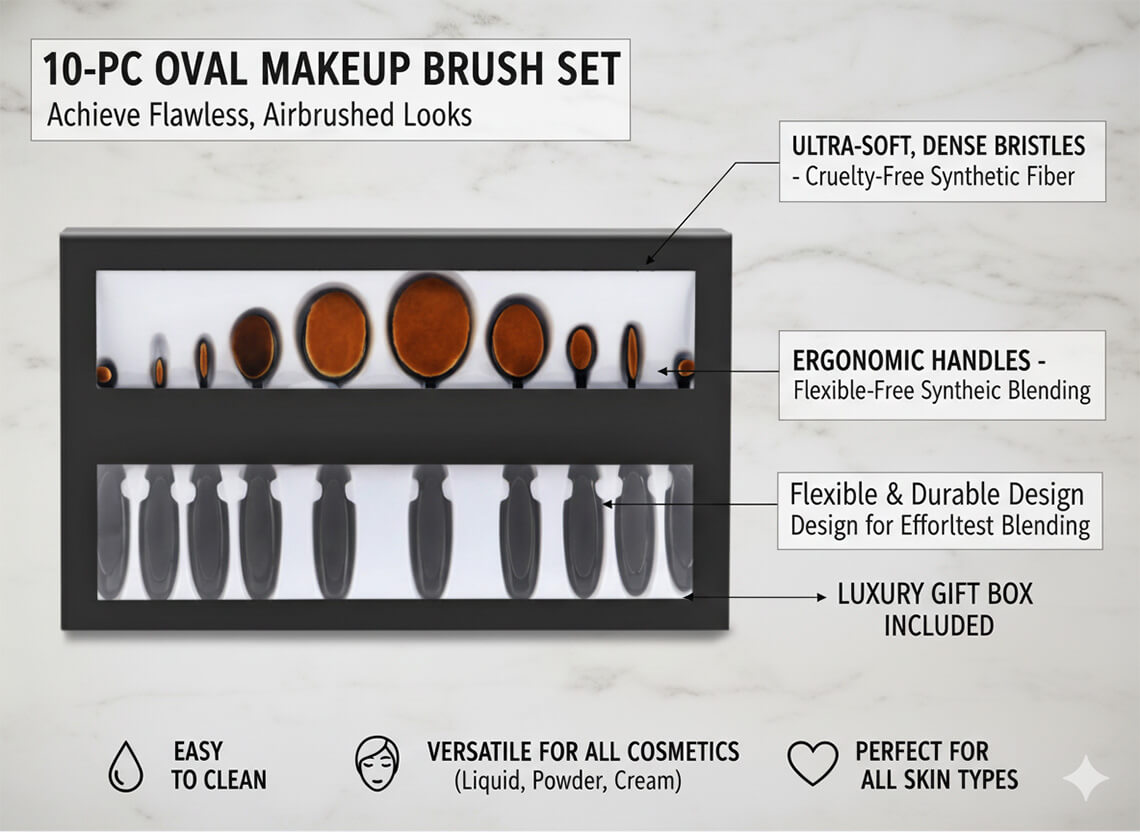 Infographic of a 10-piece professional oval makeup brush set in a luxury gift box, highlighting ultra-soft dense bristles, ergonomic handles, and durable design for wholesale and private label.