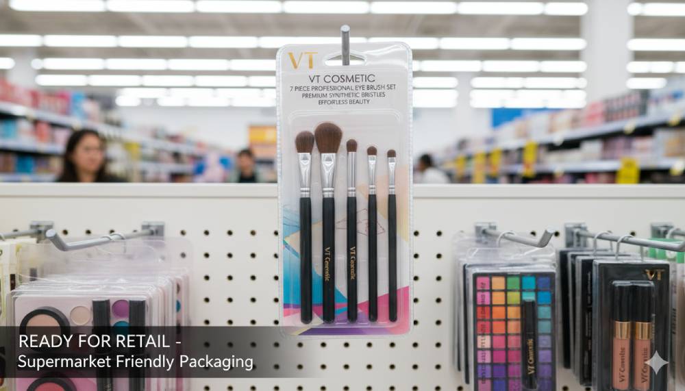 Retail-ready supermarket-friendly blister packaging for a 7-piece private label eyeshadow brush set