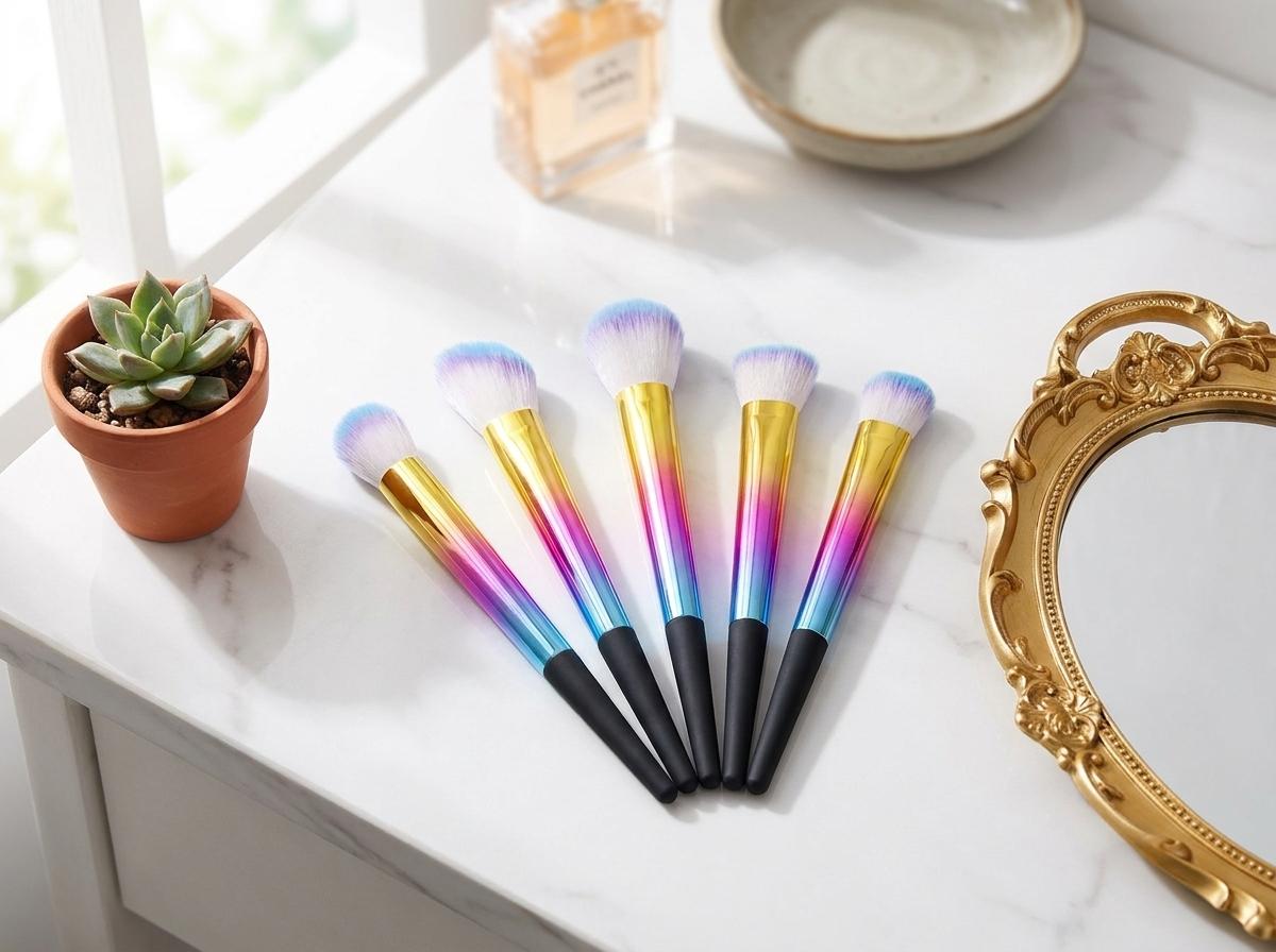 An aesthetic display of a wholesale makeup brush set on a marble vanity next to a succulent and vintage gold mirror, highlighting the colorful design