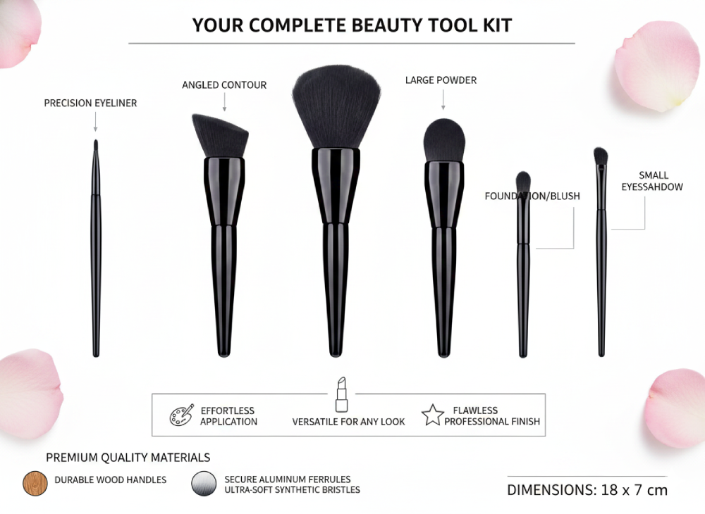 Infographic of a customized 5 piece makeup brush set with dimensions and glossy black handle cosmetic brushes