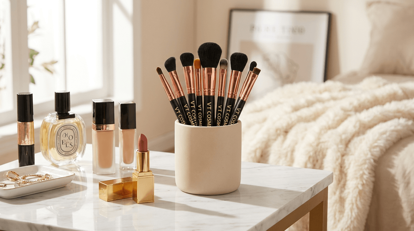 VT Cosmetic makeup brushes in a ceramic holder on a marble vanity next to luxury perfumes and lipsticks