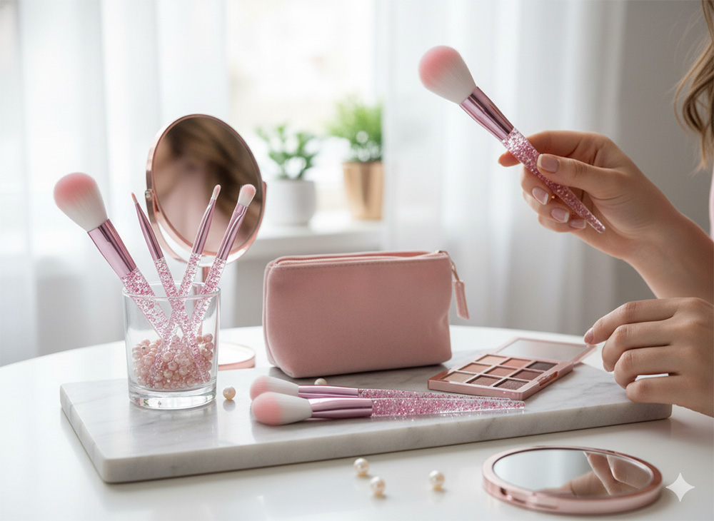Pink glitter makeup brushes displayed on a vanity with a makeup bag