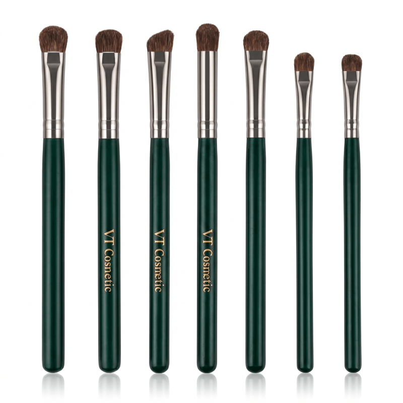 High-quality dark green eye brush set with silver ferrules and personalized private label branding