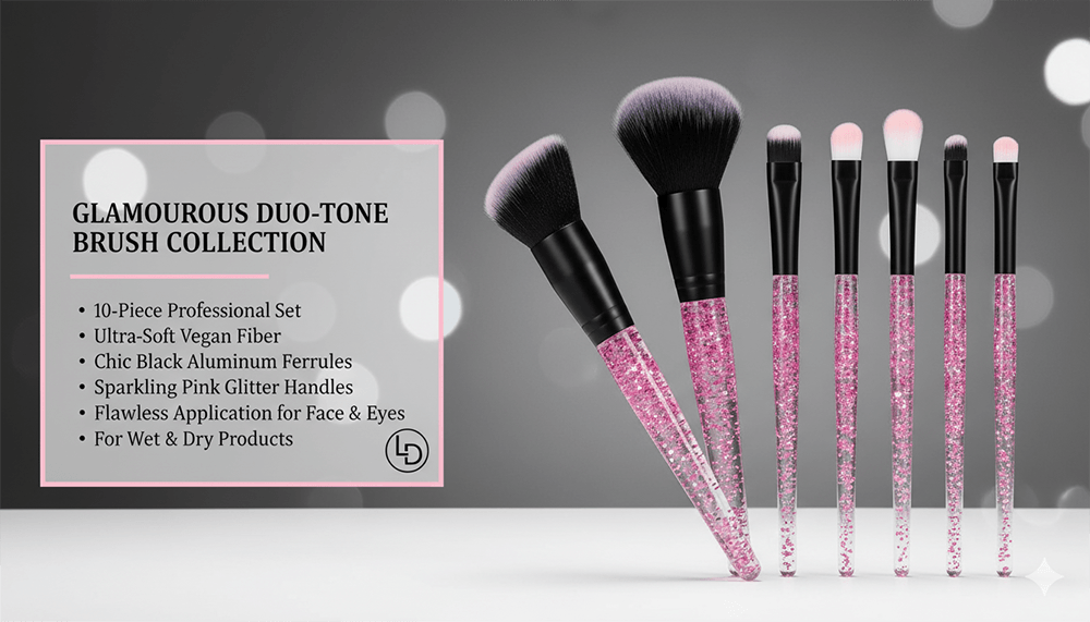 Professional 10-piece duo-tone makeup brush collection with chic black aluminum ferrules and sparkling pink glitter handles