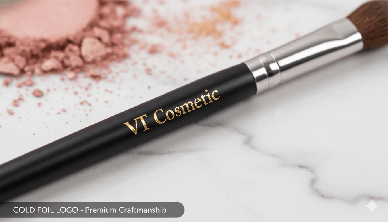 Close-up of premium gold foil logo customization on a private label eye makeup brush handle showing premium craftsmanship