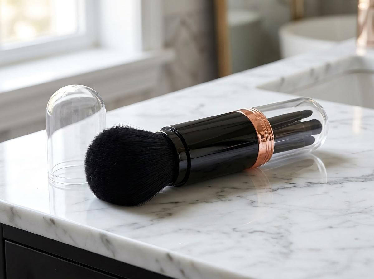 Wholesale 4-in-1 makeup brush set displayed on a marble bathroom vanity