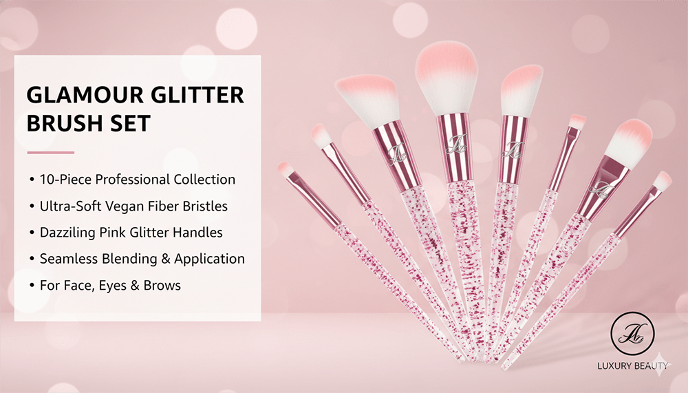 Luxury 10-piece professional makeup brush set with dazzling pink glitter handles and vegan fiber bristles for face, eyes, and brows