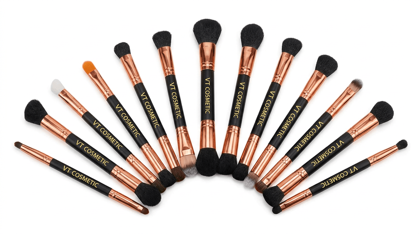 A 13-piece professional makeup brush set with rose gold ferrules and logo customization options for B2B clients