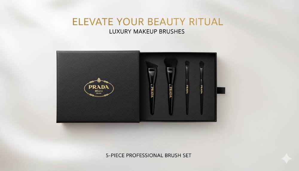 Luxury PRADA branded makeup brush gift box packaging. Displays a 5-piece professional brush set with custom logo printing, showcasing premium packaging customization and low MOQ private label capabilities for high-end cosmetic brands