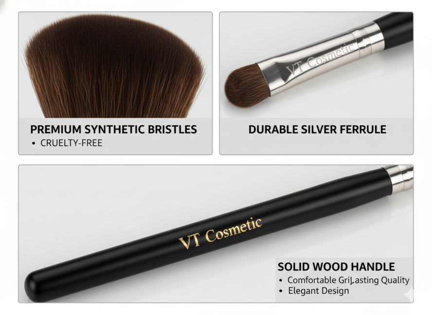 Technical details of private label brushes: premium synthetic bristles, durable silver ferrule, and solid wood handle