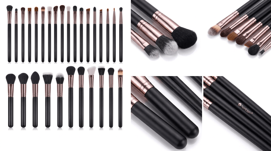Custom branded professional makeup brush set featuring high quality synthetic hair and luxury rose gold ferrules