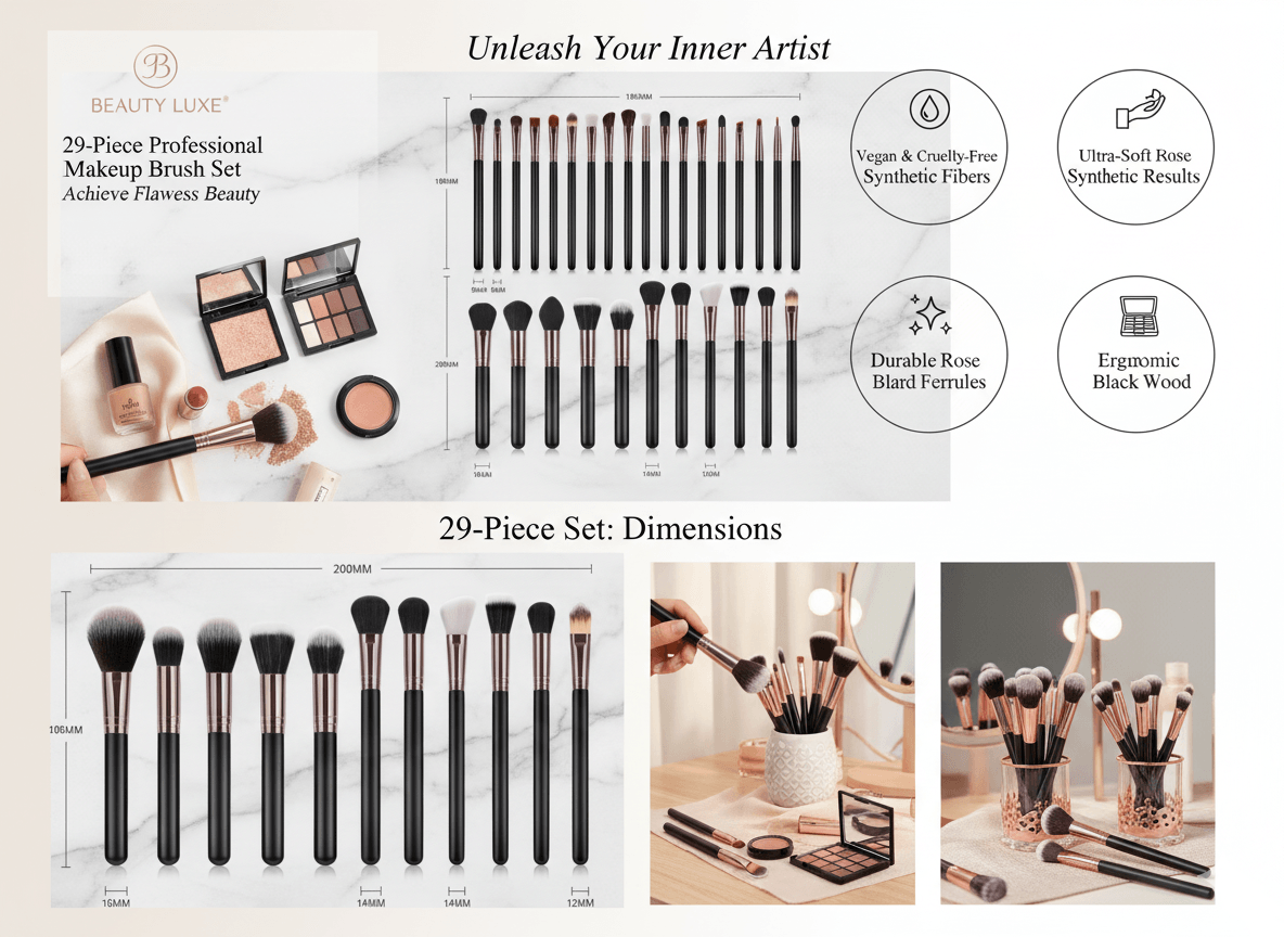 29-piece professional makeup brush set with dimensions, featuring vegan synthetic fibers and ergonomic black wood handles