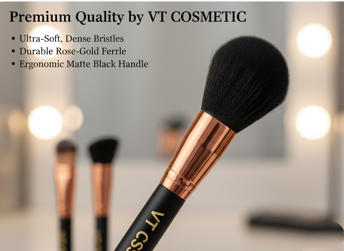 Close-up of a premium makeup brush with ultra-soft dense bristles and durable rose-gold ferrule