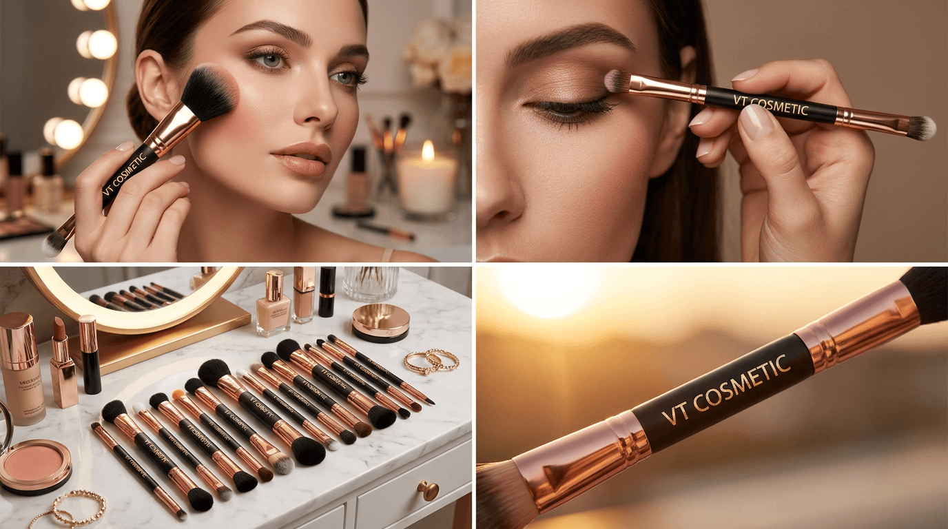 vt-cosmetic-makeup-brush-set-private-label-application Professional makeup brush set by VT Cosmetic being used for facial contouring and eye makeup application