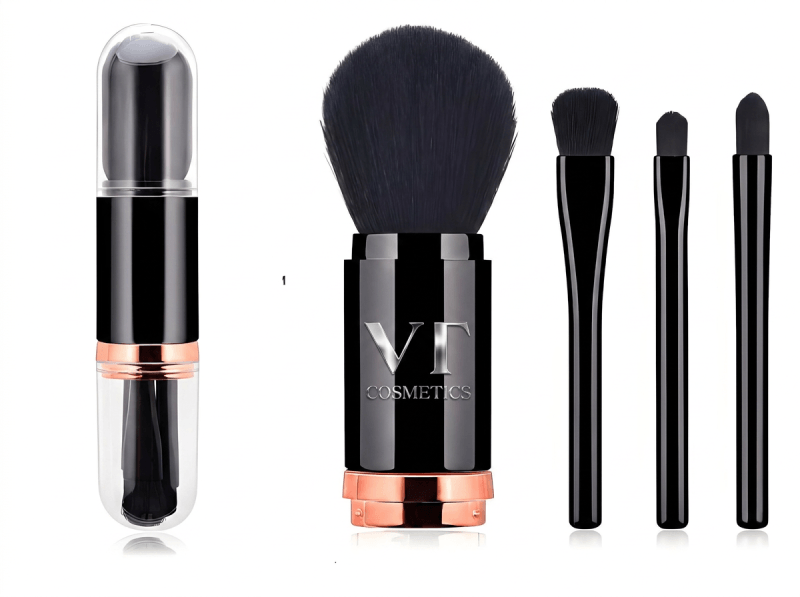 vt-cosmetics-wholesale-4-in-1-makeup-brush-set (1) VT Cosmetics branded wholesale 4-in-1 makeup brush set with protective travel case and modular black handles
