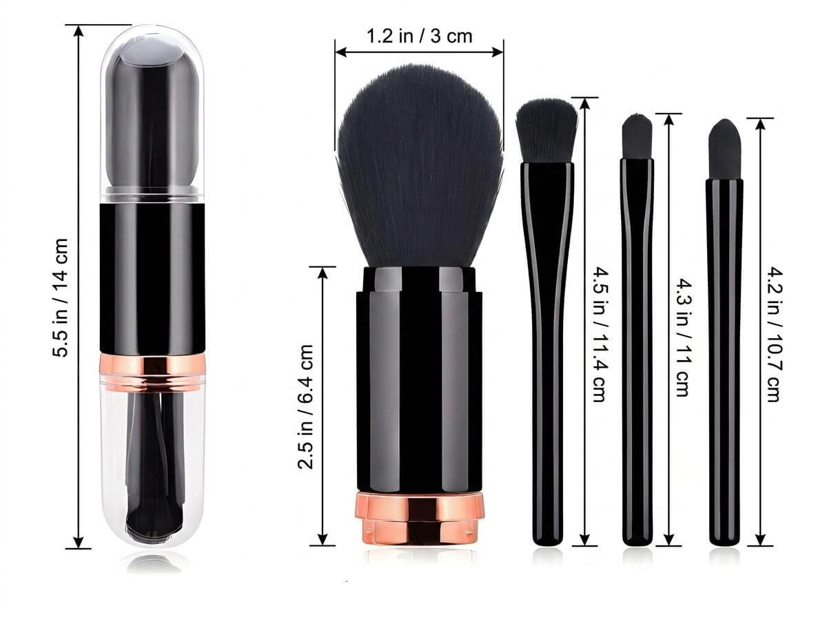 Size chart and dimensions for the wholesale 4-in-1 makeup brush set components
