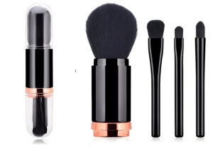 Professional wholesale 4-in-1 makeup brush set with black handles and rose gold trim