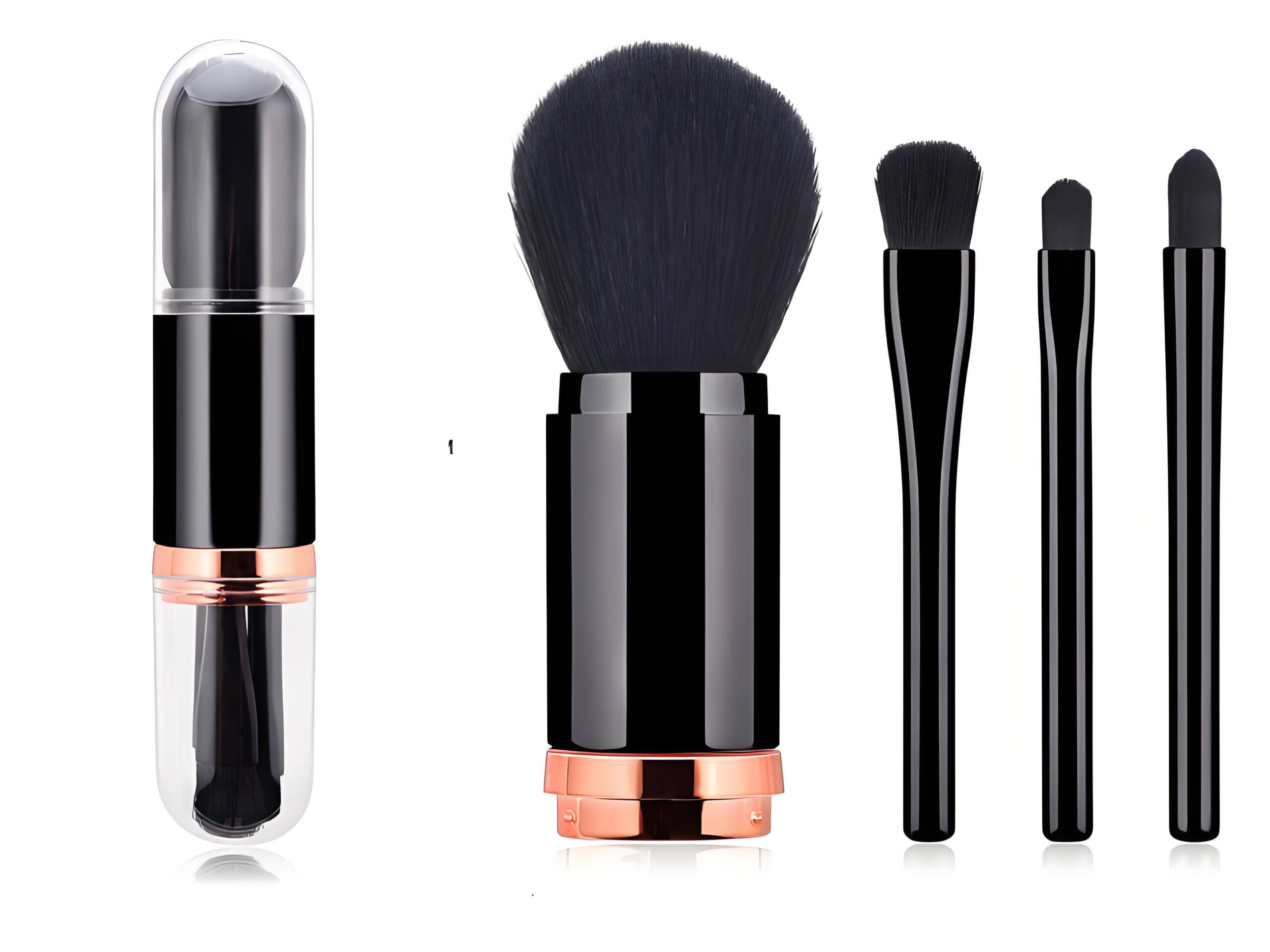 Professional wholesale 4-in-1 makeup brush set with black handles and rose gold trim