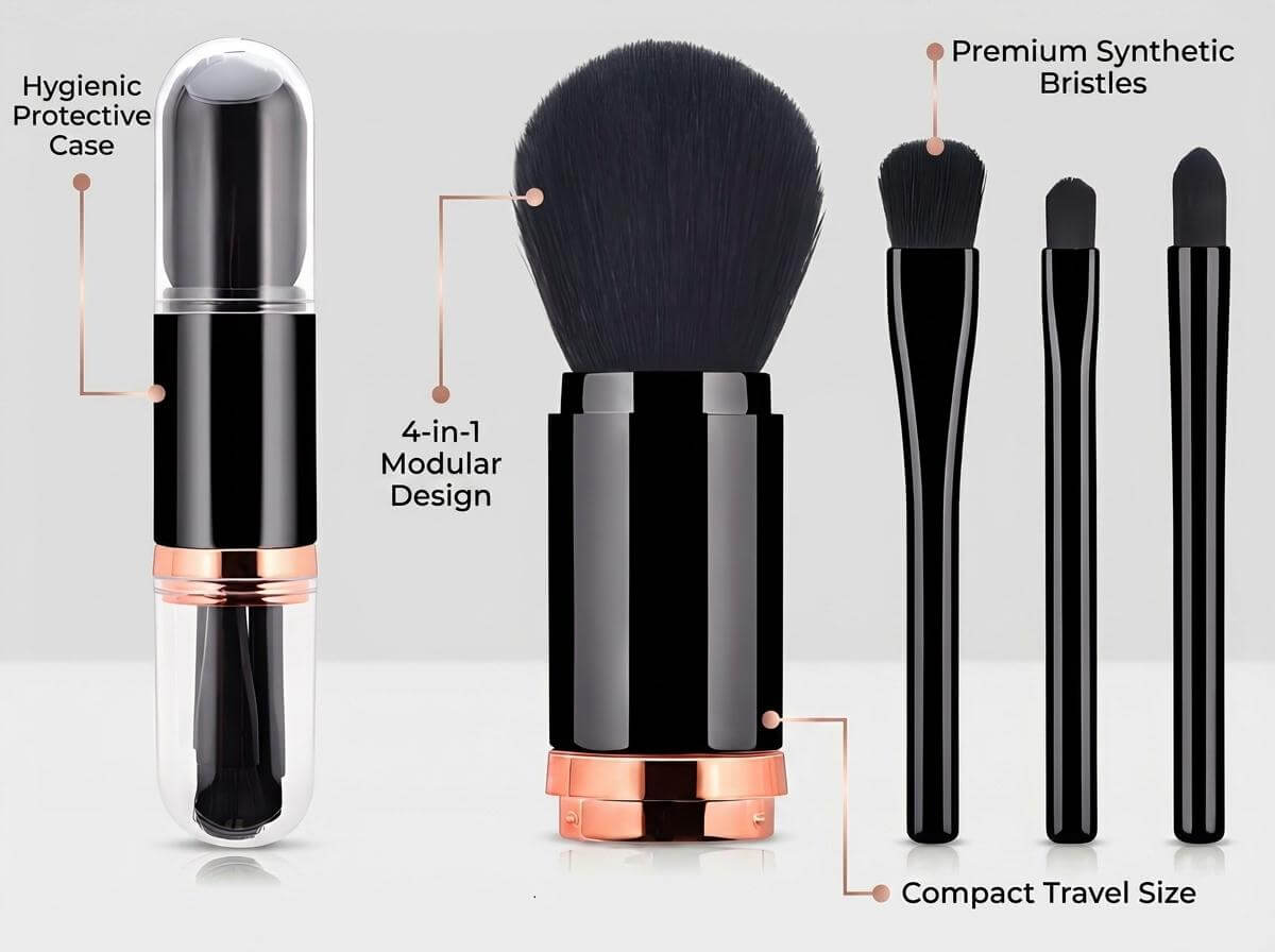 Key features of the wholesale 4-in-1 makeup brush set including synthetic bristles and modular design