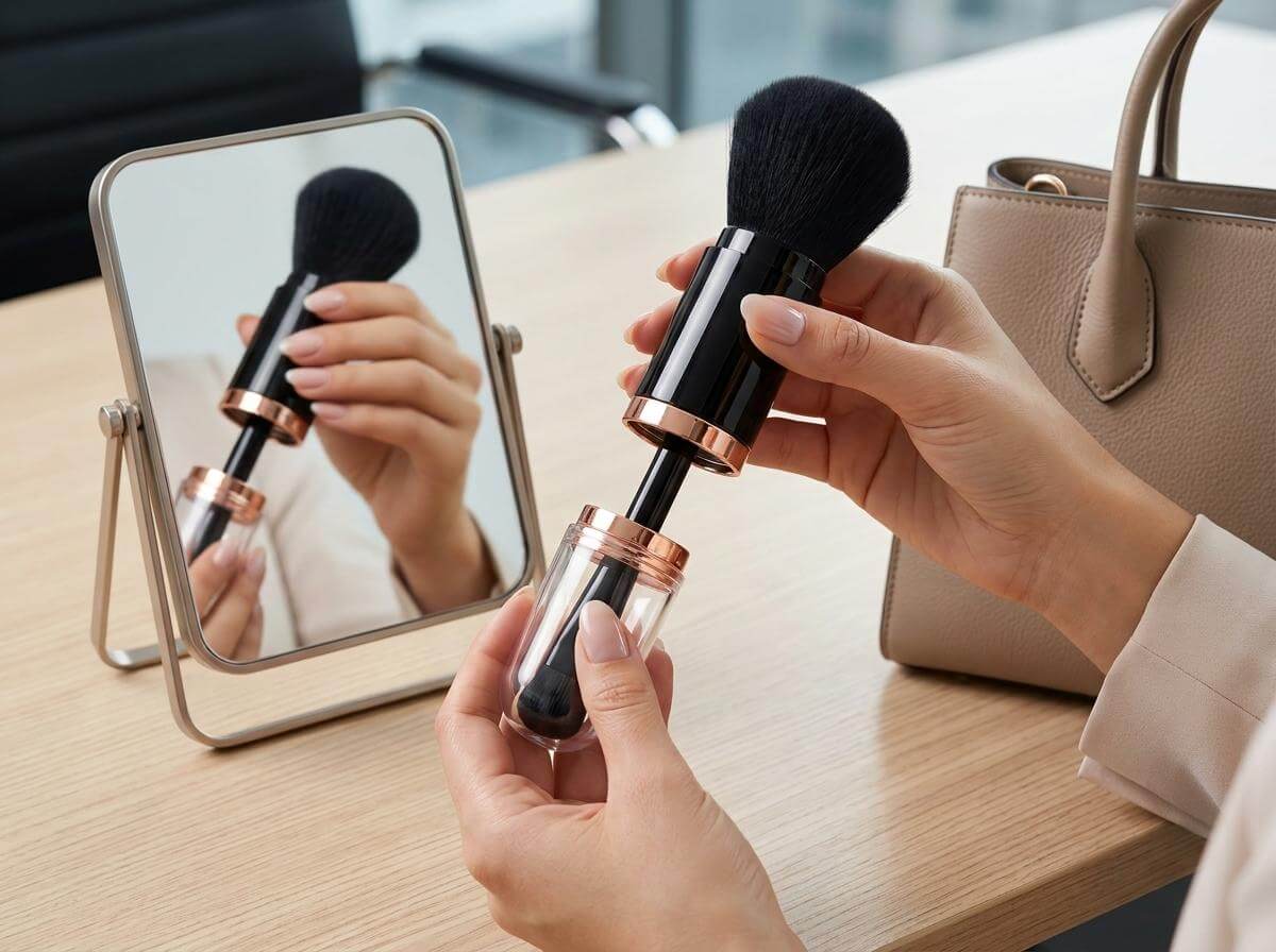 Woman using the compact wholesale 4-in-1 makeup brush set in front of a mirror for travel touch-ups