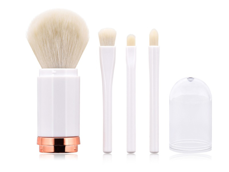 White and rose gold wholesale 4-in-1 makeup brush set with fluffy bristles and clear protective cap