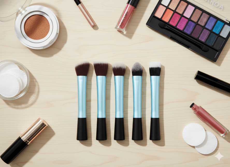 Flat lay view of a 5-piece bulk custom foundation brushes set with cosmetics for B2B wholesale