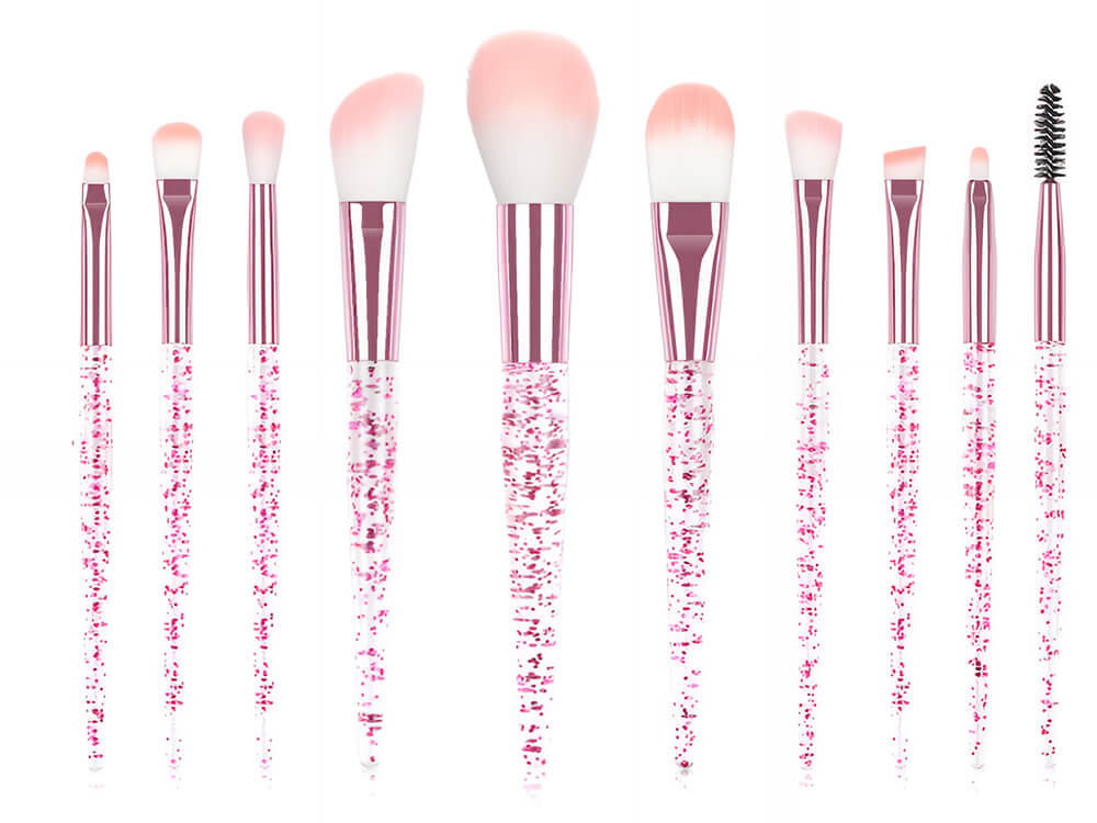 Front view of 10-piece professional glitter handle makeup brush set