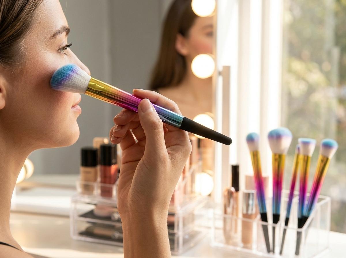 A woman using a brush from the wholesale makeup brush set to apply powder, demonstrating the soft bristles and ergonomic handle in a real-life setting