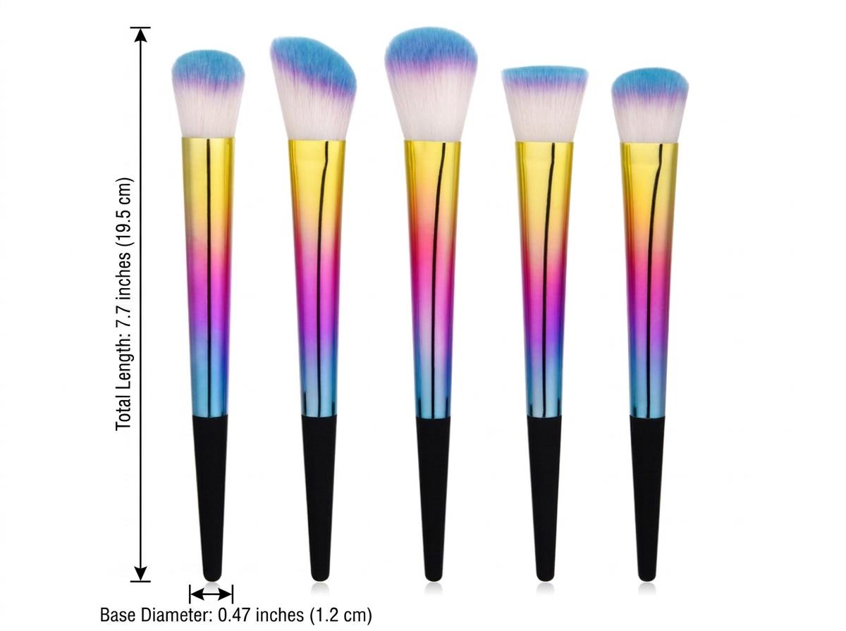 Technical specifications of the wholesale makeup brush set showing a total length of 7.7 inches and a base diameter of 0.47 inches for each brush
