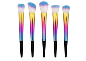 A wholesale makeup brush set featuring five professional brushes with vibrant rainbow gradient handles and blue-tipped synthetic bristles against a clean white background