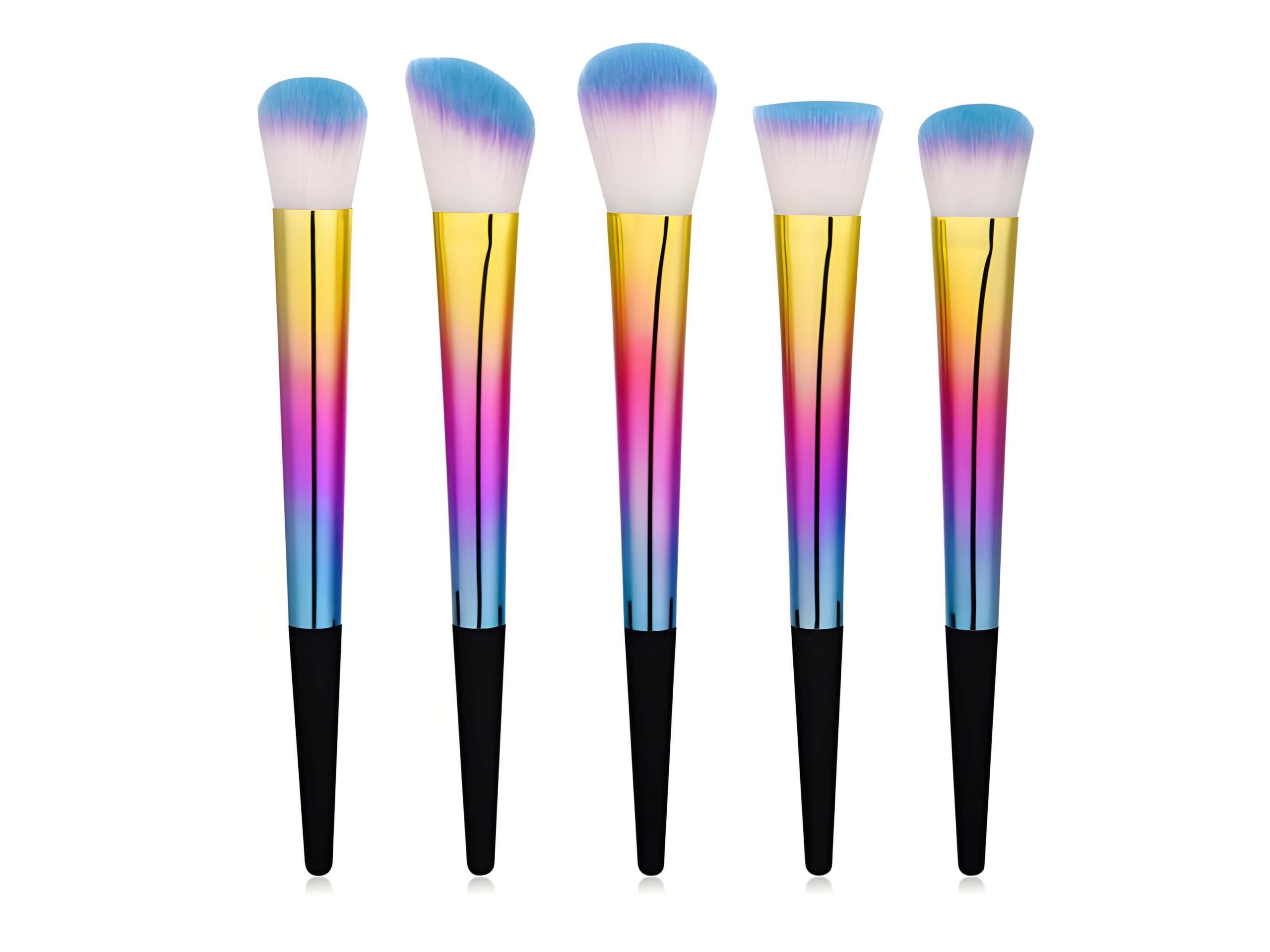 A wholesale makeup brush set featuring five professional brushes with vibrant rainbow gradient handles and blue-tipped synthetic bristles against a clean white background