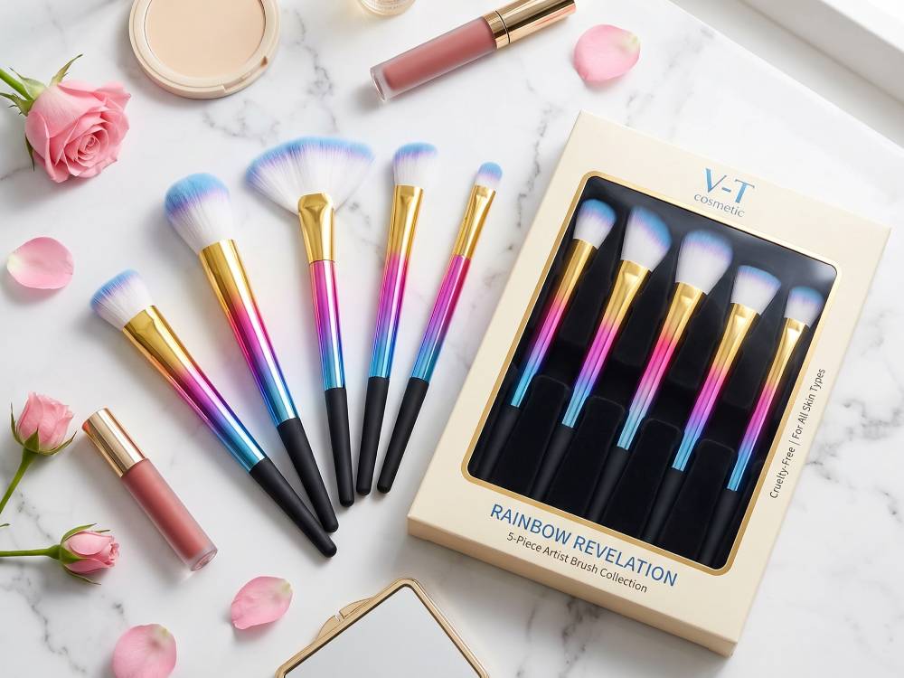 A 5-piece wholesale makeup brush set titled 'Rainbow Revelation' by V-T cosmetic, featuring vibrant gradient handles and blue-tipped bristles, displayed with its retail packaging alongside pink roses and lip gloss on a marble surface