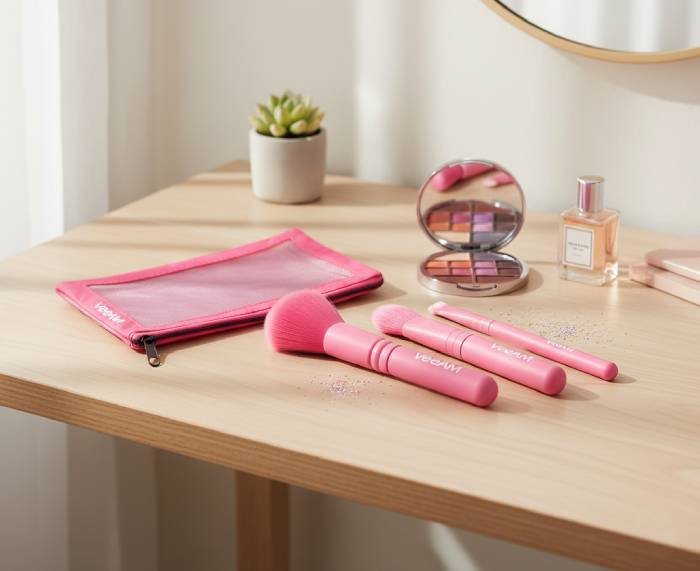 4pcs travel makeup brush set with pouch at table