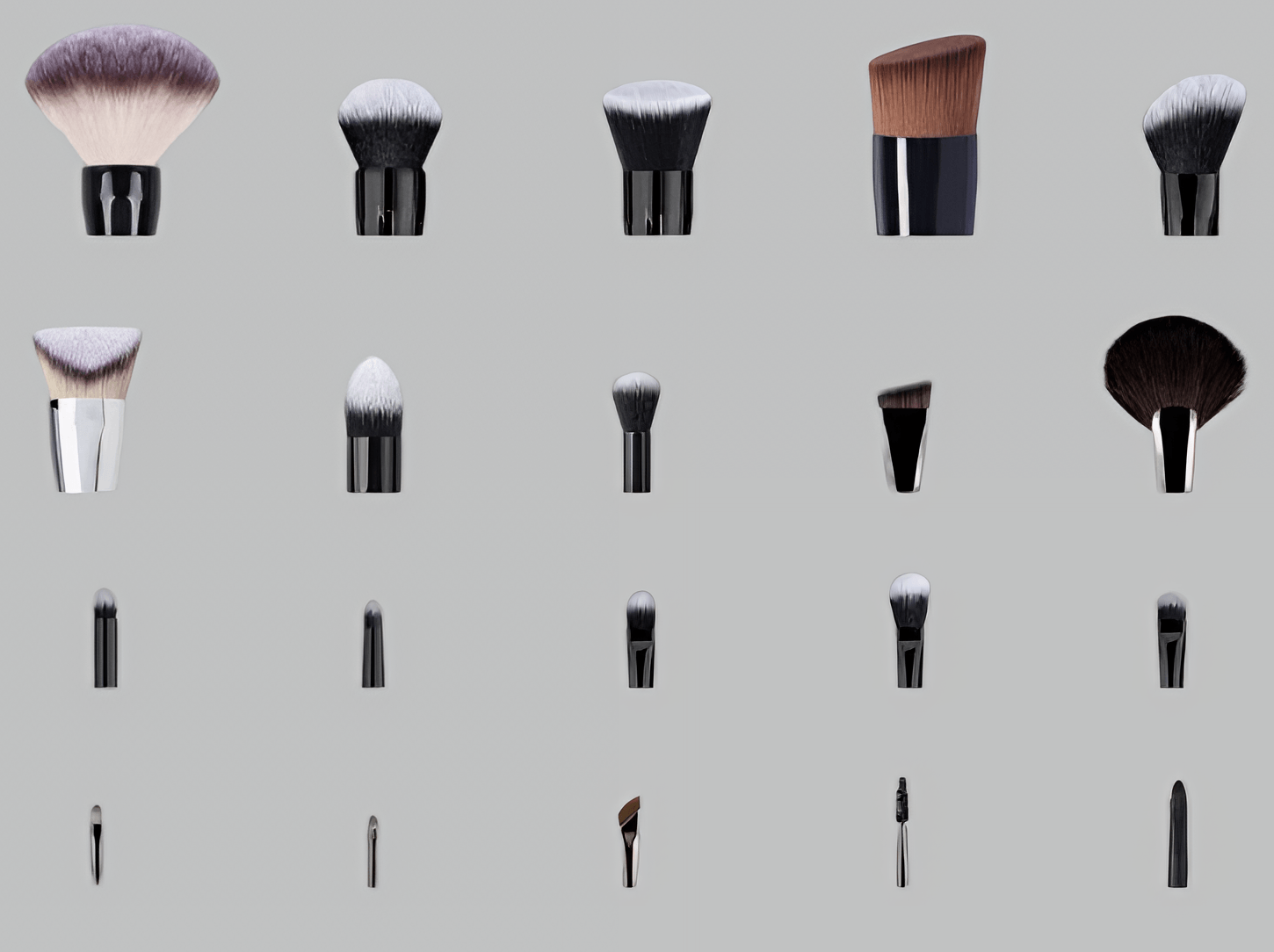 custom-shapes-for-personalised-makeup-brushes A diverse collection of 20 different brush head shapes for personalised makeup brushes, including foundation, contour, and eye detailers for OEM/ODM manufacturing