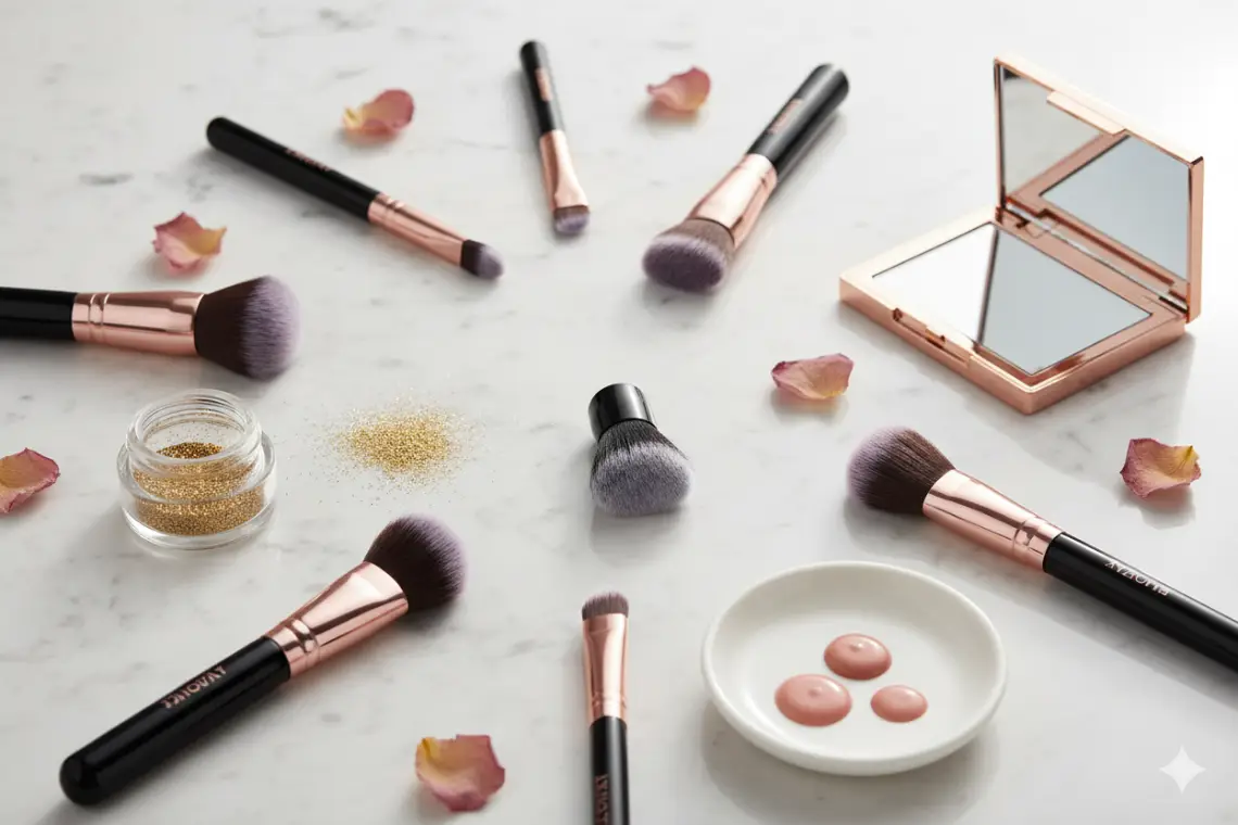 Luxury personalised makeup brushes with rose gold ferrules and custom branded logos on black handles, displayed with cosmetic powder and accessories