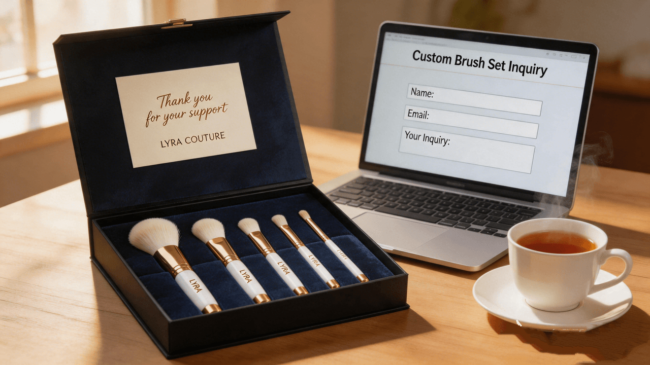 A custom luxury makeup brush set in a premium dark blue gift box with a thank you card, next to a laptop displaying an inquiry form and a cup of tea