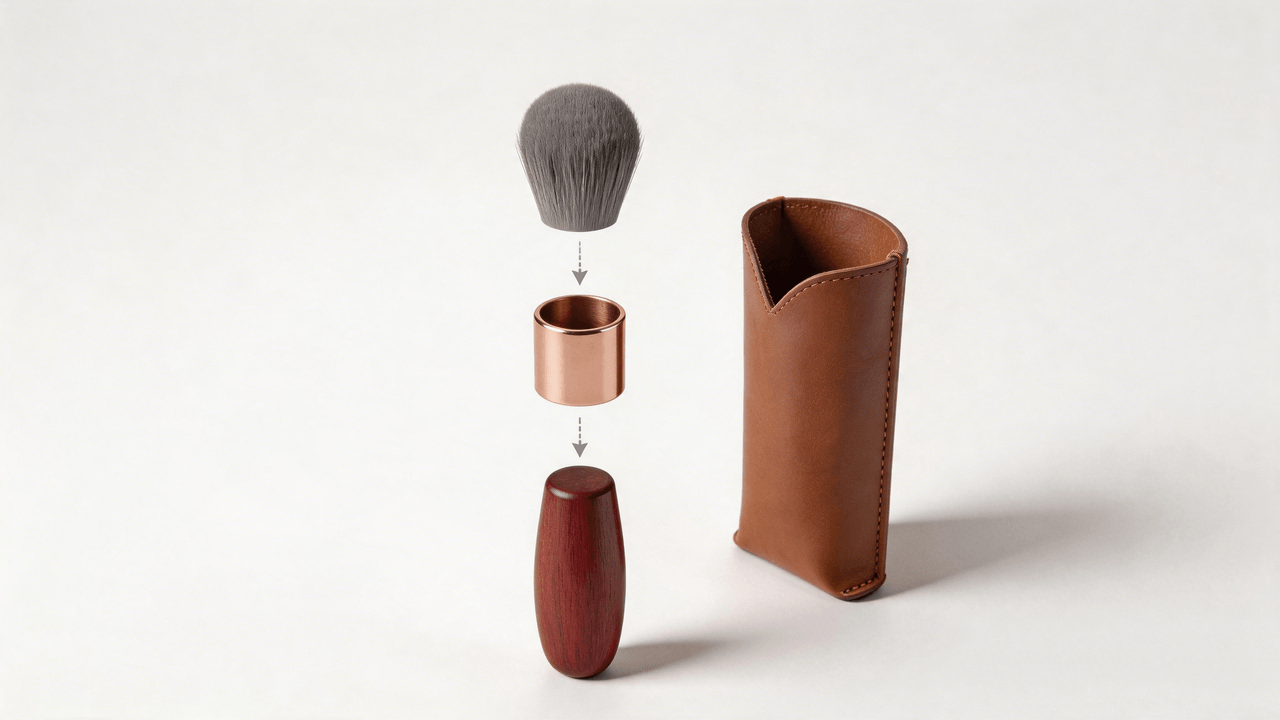 An exploded view showing the components of a personalized luxury makeup brush, including the bristles, metallic ferrule, wooden handle, and a brown leather pouch