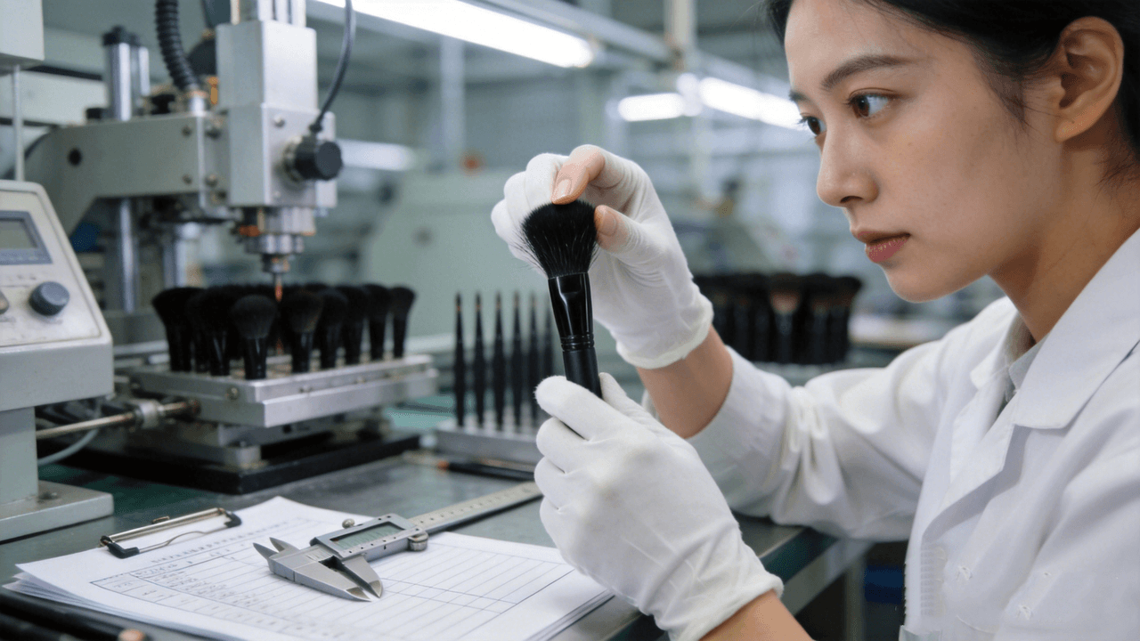 A female factory worker wearing white gloves inspects the bristles of a luxury makeup brush for quality control in a manufacturing facility